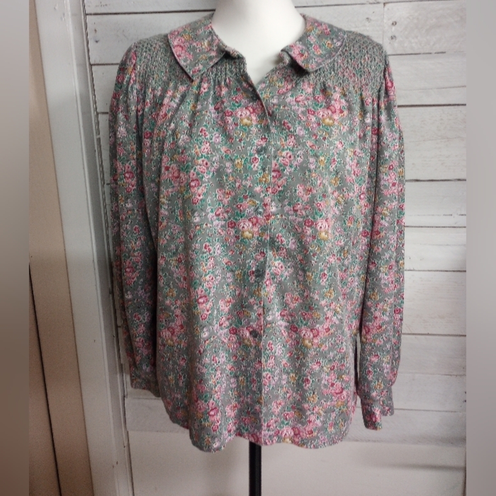 Vintage 80s Cheryl Tiegs Gray Pink Floral Button Down Shirt Grandmacore Size 14